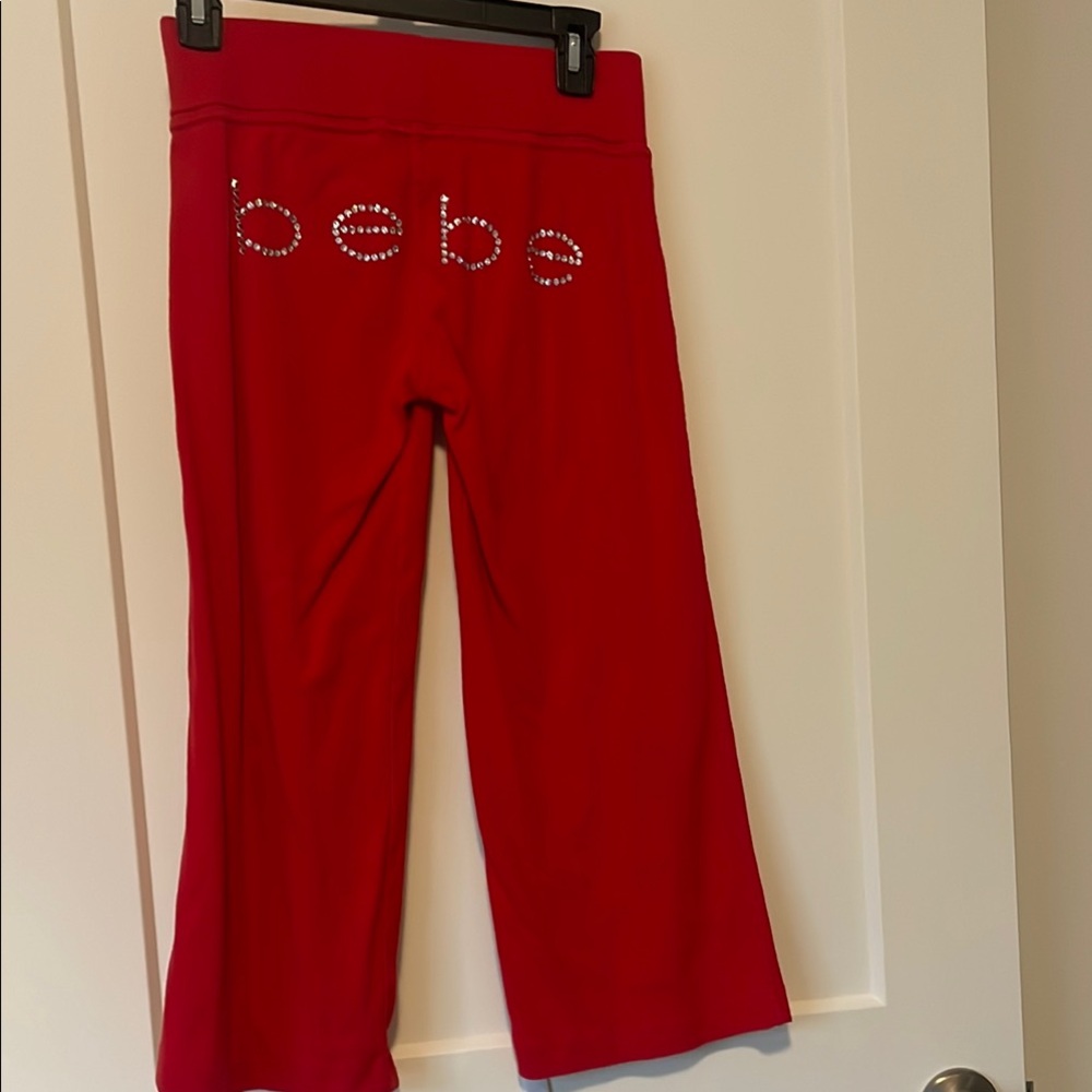 bebe Red Rhinestone Logo Cropped Pants